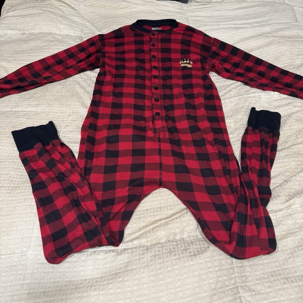 Lazy One Red and Black Plaid Cotton One Piece Longjohn Sz. XL Bear Cheeks